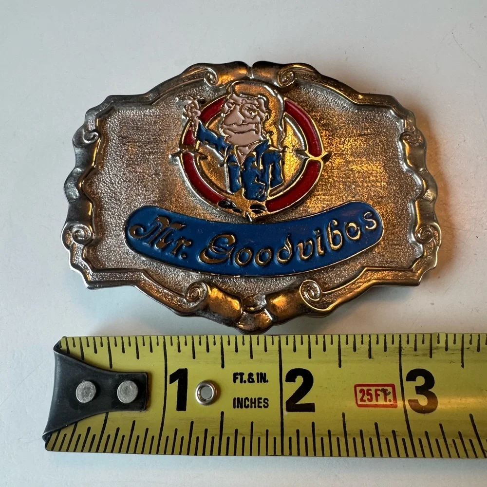 Vintage Heavy Silver Tone Chrome Mr. Goodvibes Belt Buckle MINTY